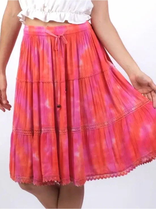 Sacred Threads Pink & Orange Tie-Dye Tiered Midi Skirt - Picture 1 of 8